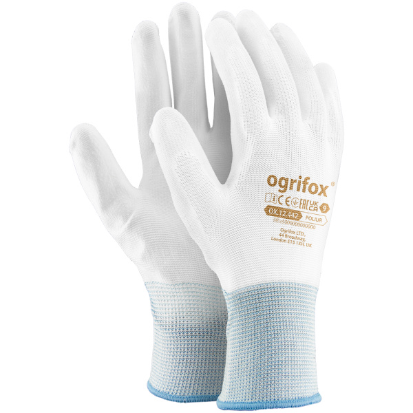 Białe rękawice ochronne Ogrifox wykonane z poliestru